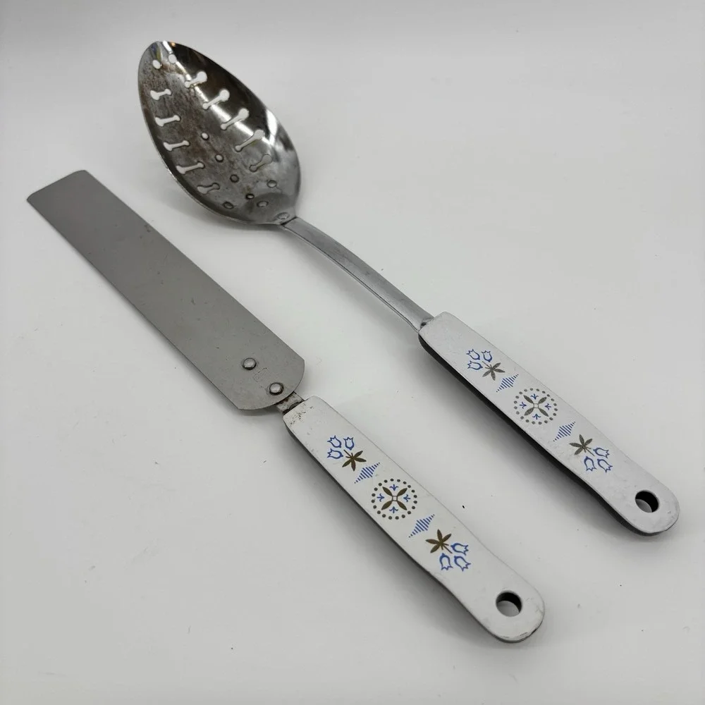 Vintage Ecko Blue Flower Dutch Tulip Stainless Cooking Slotted And Cake Knife